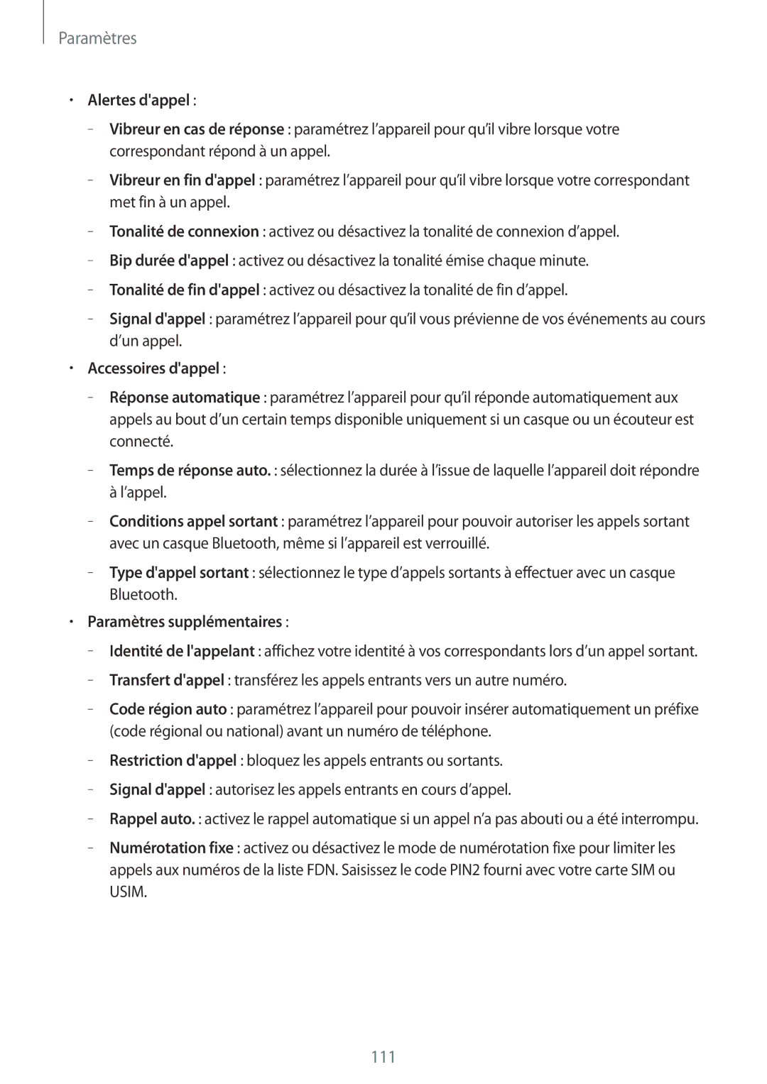 Samsung GT-I8580DBAXEF manual Alertes dappel, Accessoires dappel, Paramètres supplémentaires 