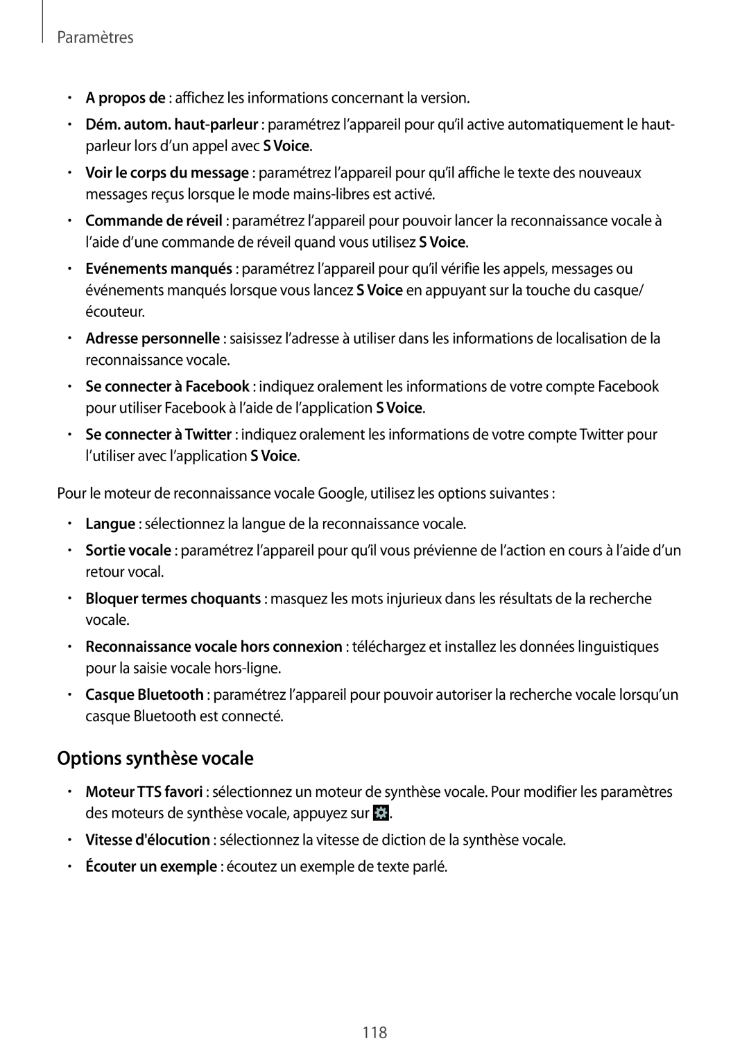 Samsung GT-I8580DBAXEF manual Options synthèse vocale 