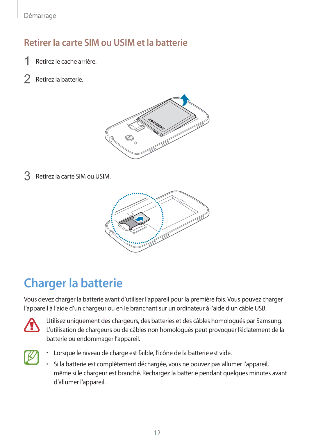 Samsung GT-I8580DBAXEF manual Charger la batterie, Retirer la carte SIM ou Usim et la batterie 