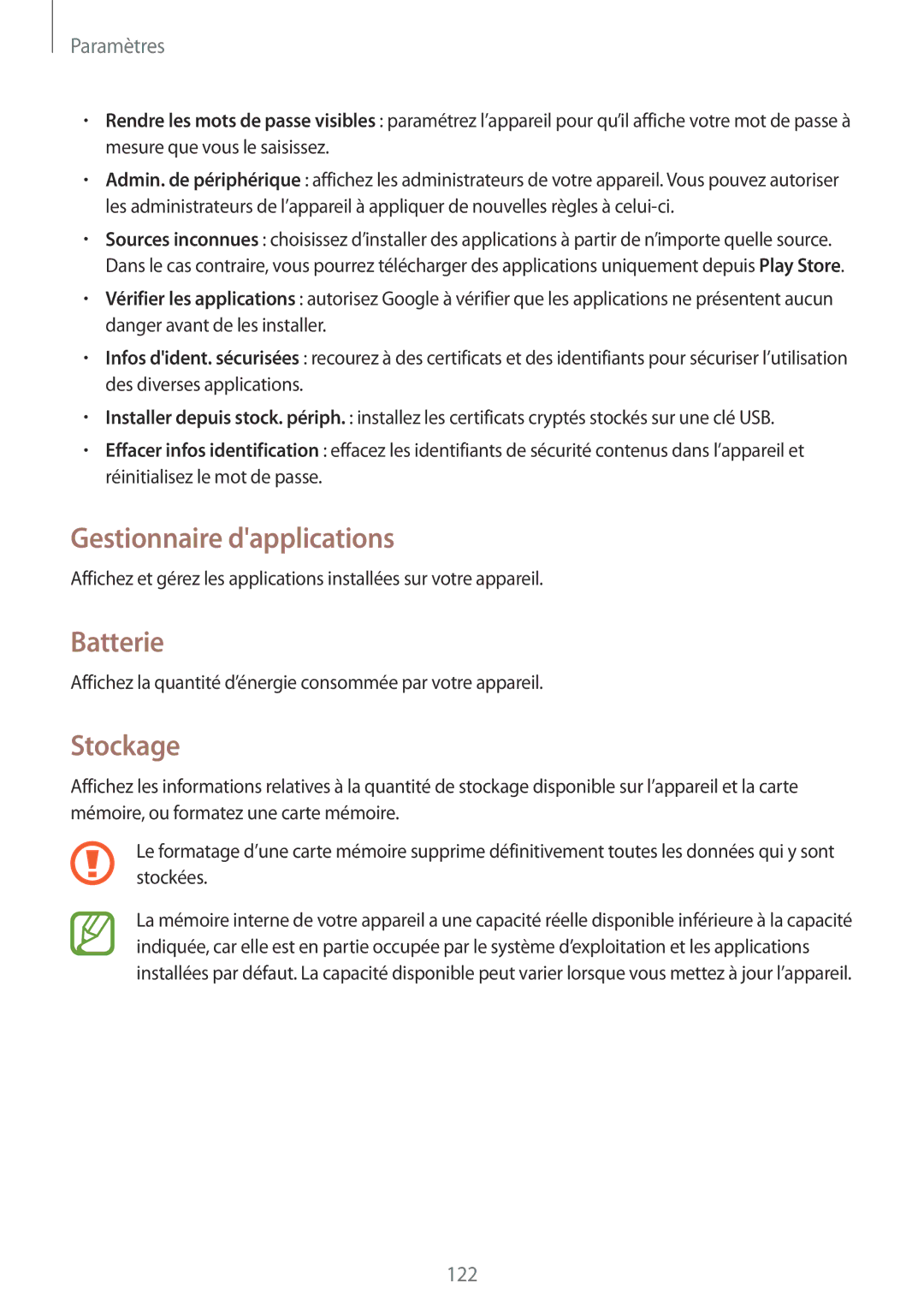 Samsung GT-I8580DBAXEF manual Gestionnaire dapplications, Batterie, Stockage 