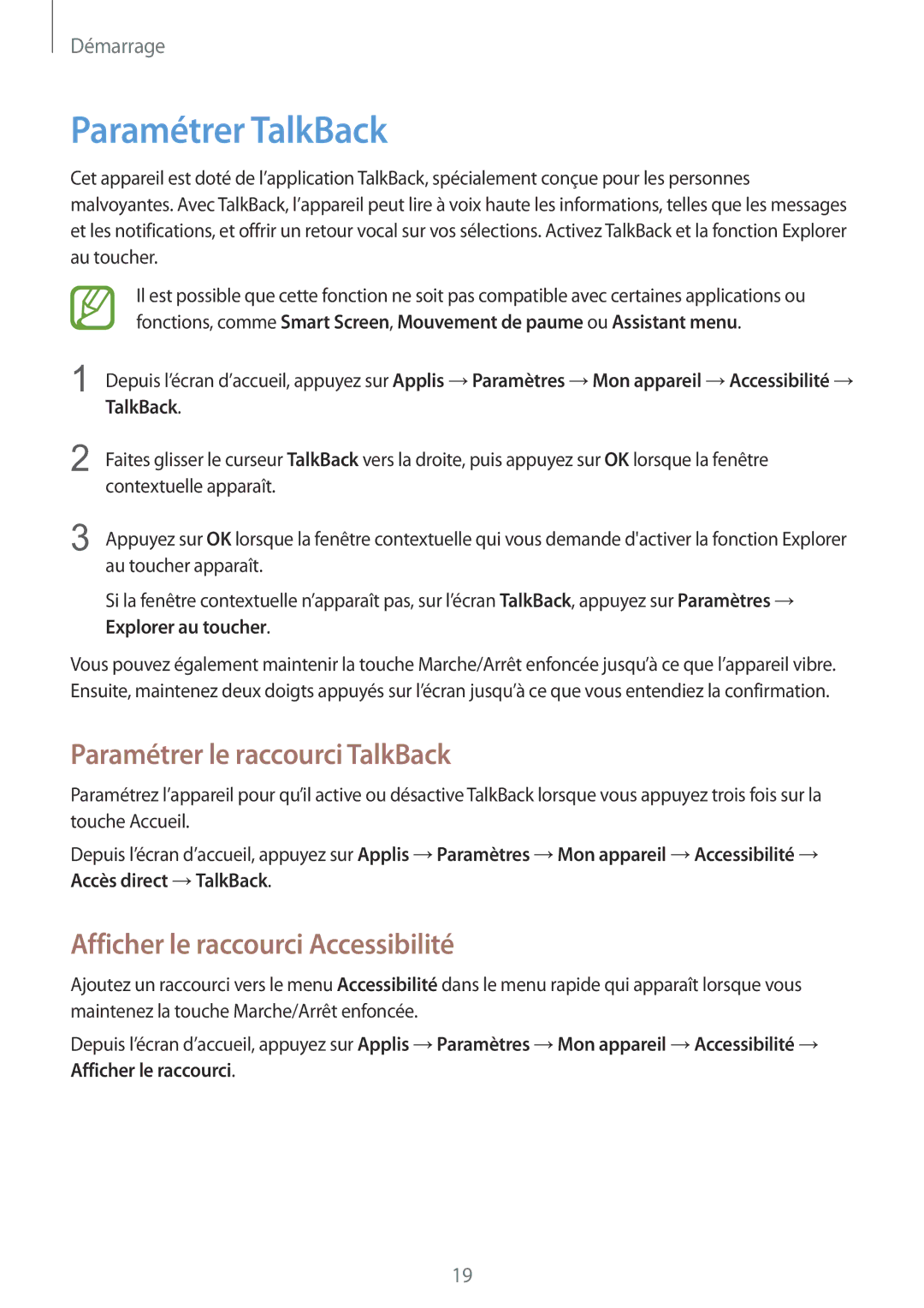 Samsung GT-I8580DBAXEF manual Paramétrer TalkBack, Paramétrer le raccourci TalkBack, Afficher le raccourci Accessibilité 