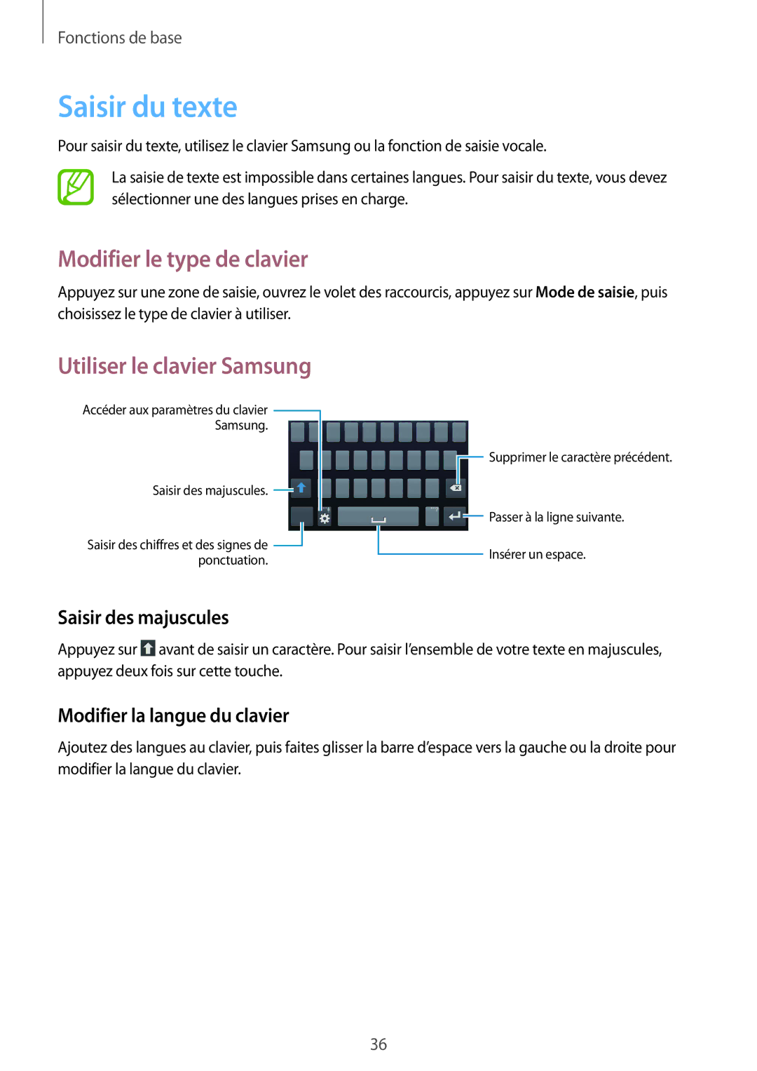 Samsung GT-I8580DBAXEF Saisir du texte, Modifier le type de clavier, Utiliser le clavier Samsung, Saisir des majuscules 