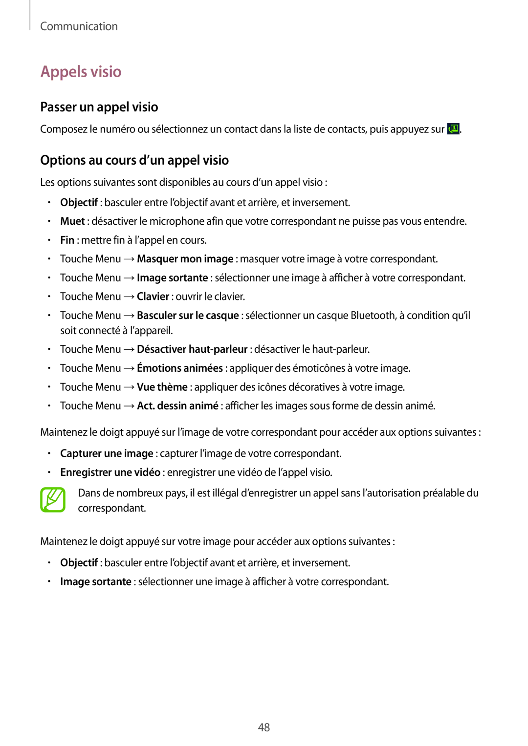 Samsung GT-I8580DBAXEF manual Appels visio, Passer un appel visio, Options au cours d’un appel visio 