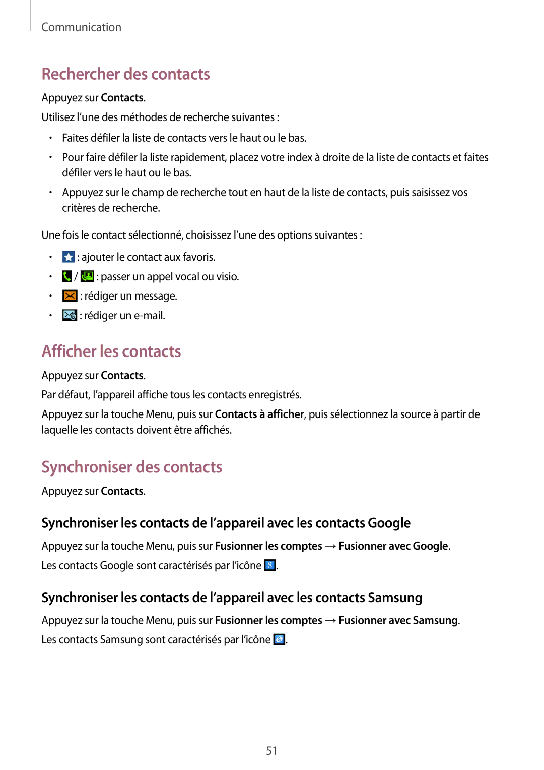 Samsung GT-I8580DBAXEF manual Rechercher des contacts, Afficher les contacts, Synchroniser des contacts 