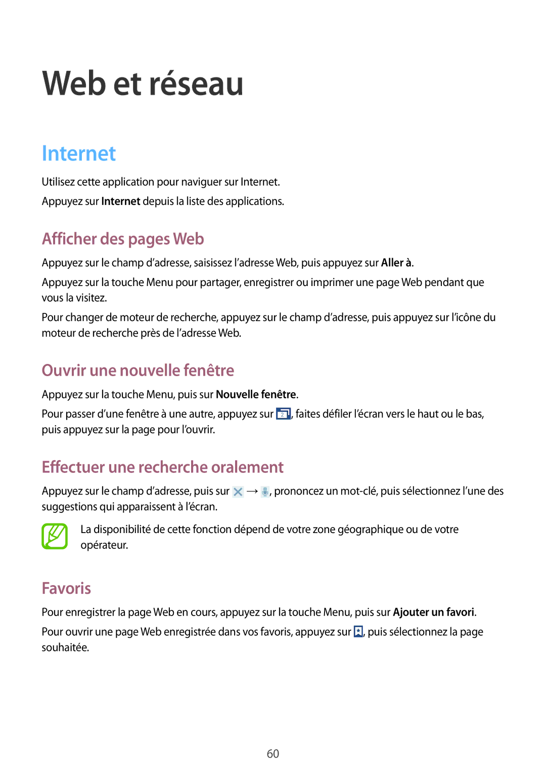 Samsung GT-I8580DBAXEF Internet, Afficher des pages Web, Ouvrir une nouvelle fenêtre, Effectuer une recherche oralement 