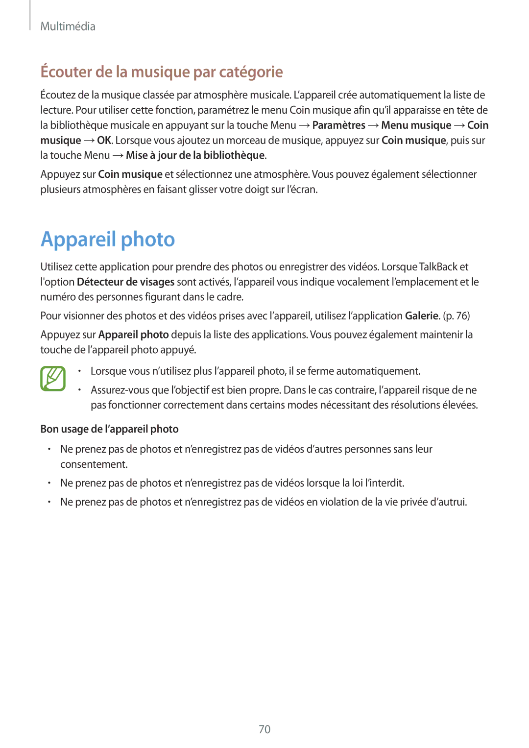 Samsung GT-I8580DBAXEF manual Appareil photo, Écouter de la musique par catégorie, Bon usage de l’appareil photo 