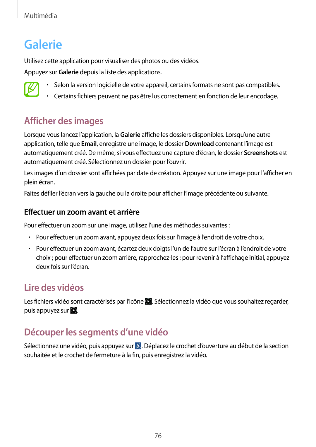 Samsung GT-I8580DBAXEF manual Galerie, Afficher des images, Lire des vidéos, Découper les segments d’une vidéo 