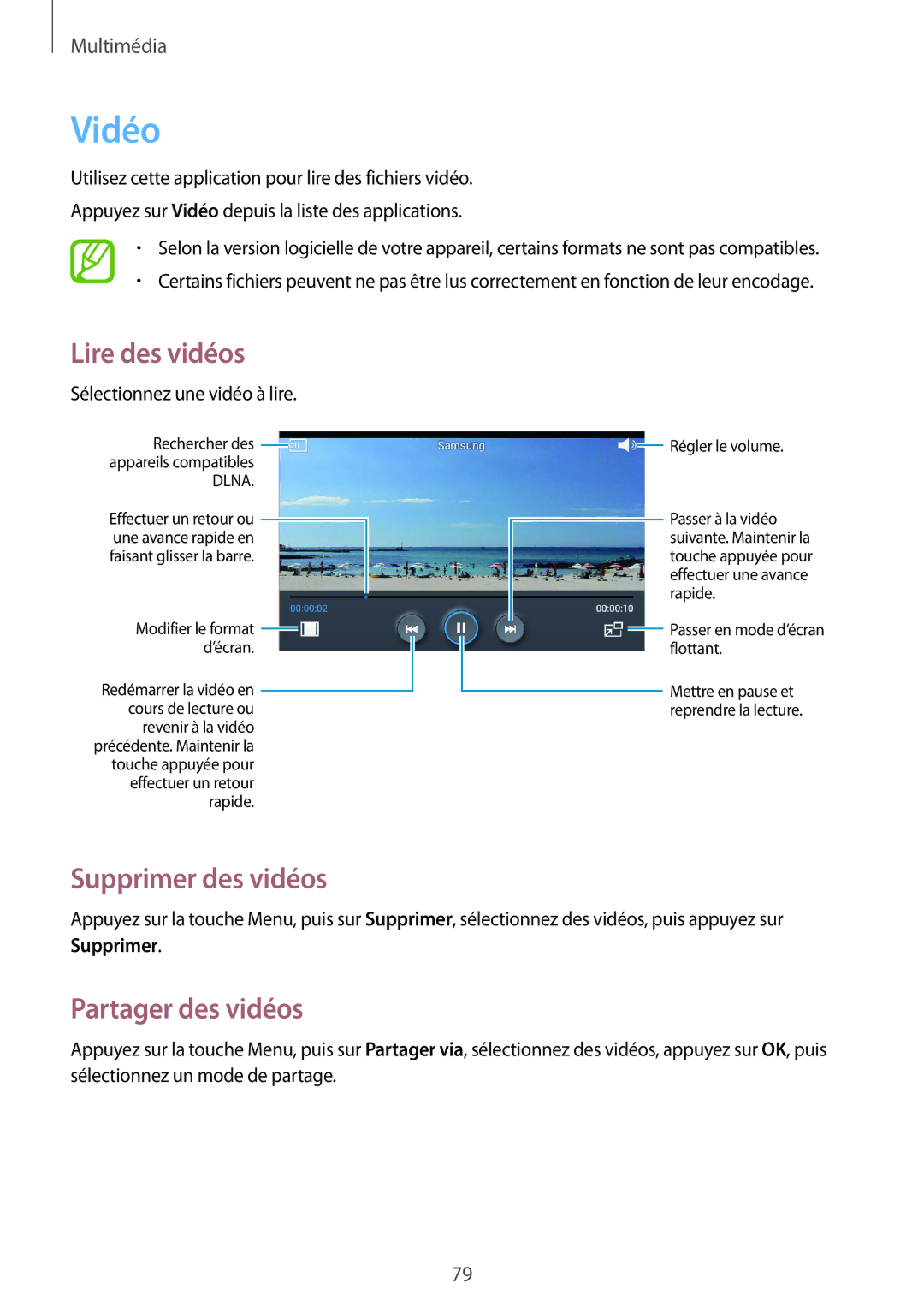 Samsung GT-I8580DBAXEF manual Vidéo, Supprimer des vidéos, Partager des vidéos 