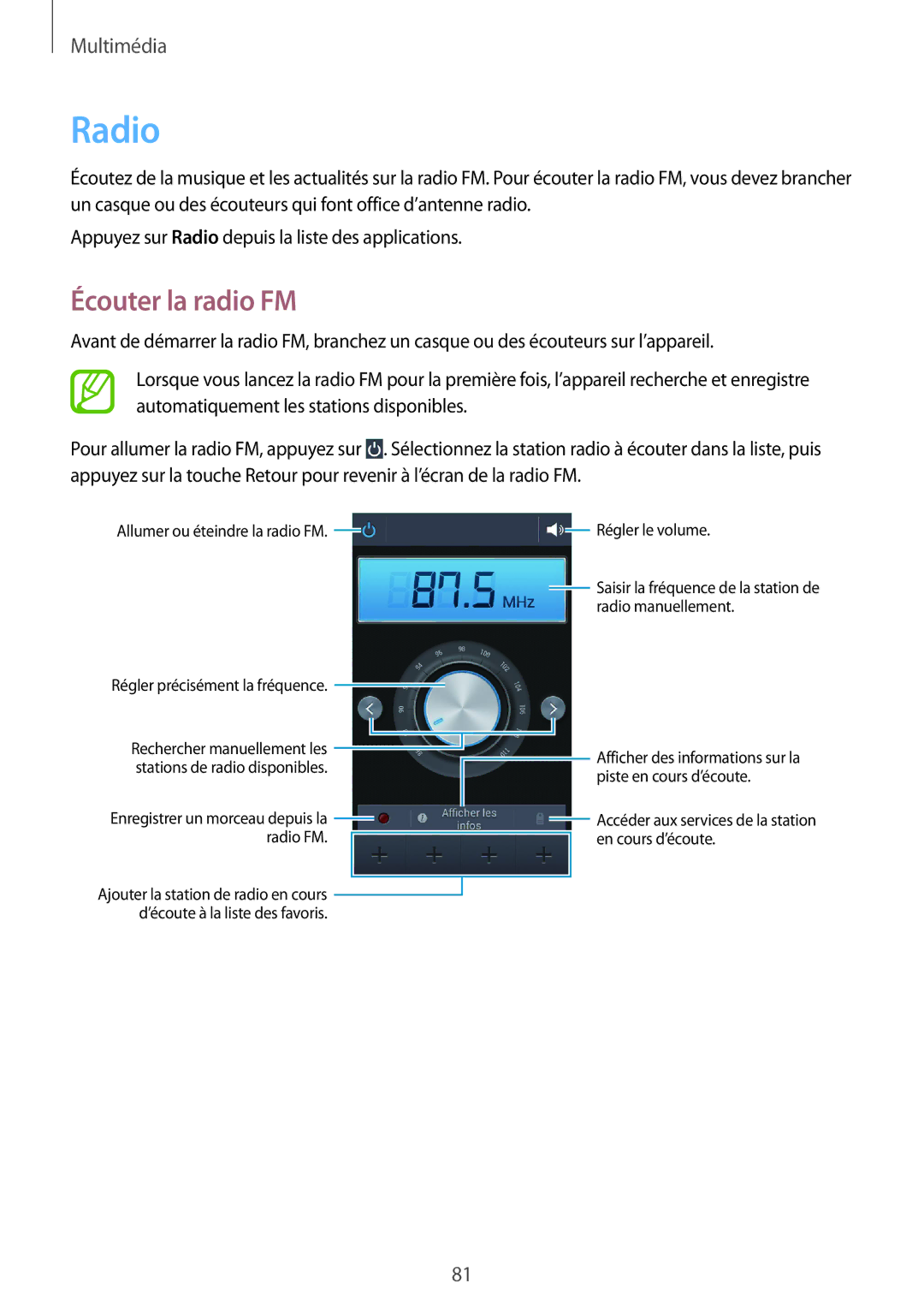 Samsung GT-I8580DBAXEF manual Radio, Écouter la radio FM 