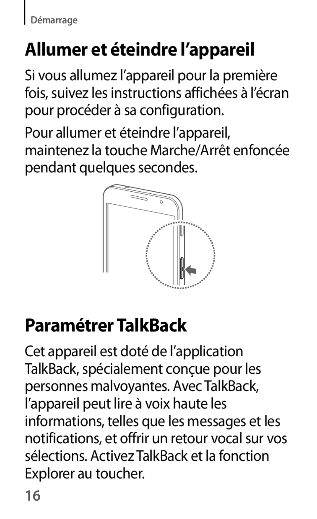 Samsung GT-I8580DBAXEF manual Allumer et éteindre l’appareil, Paramétrer TalkBack 