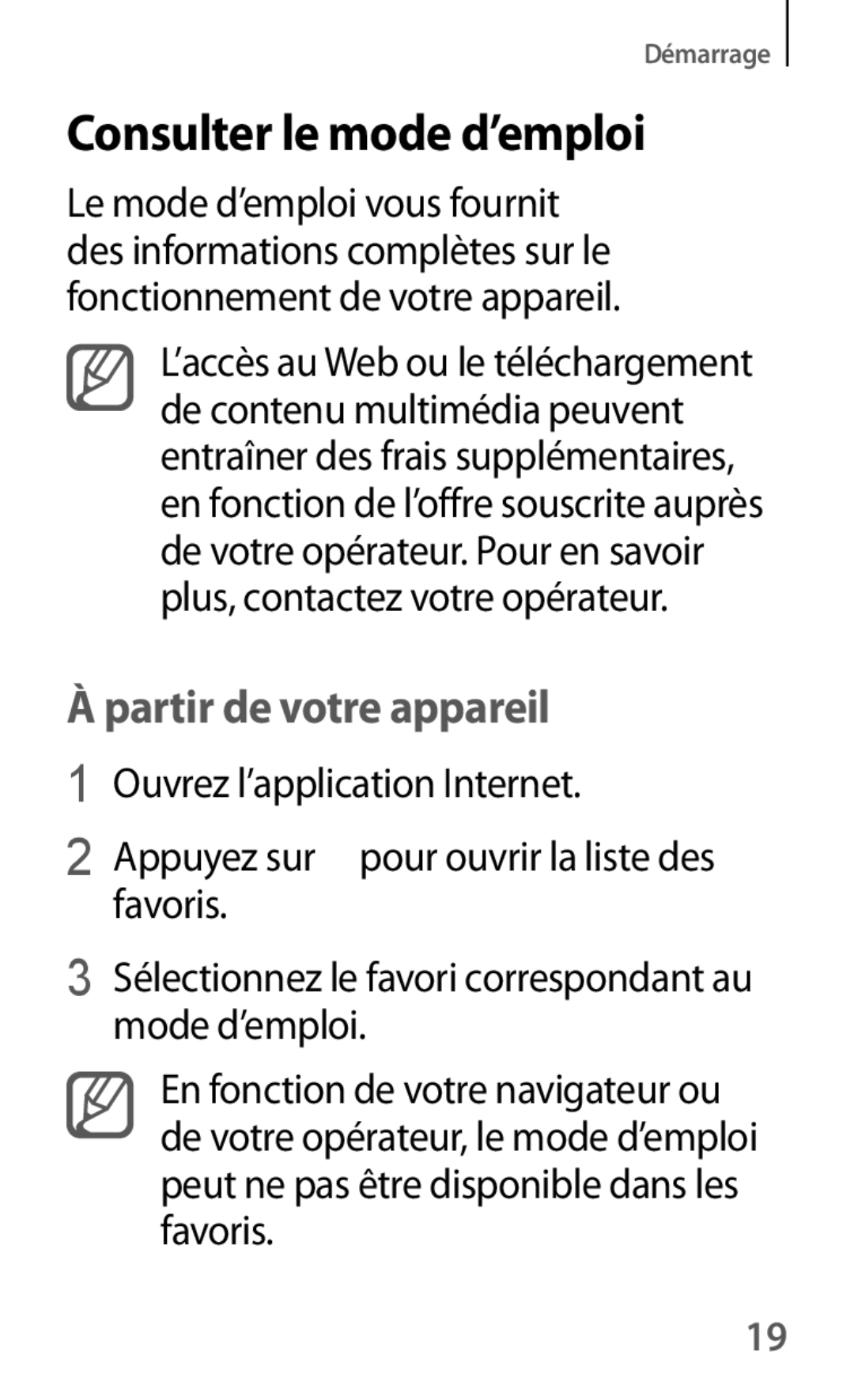 Samsung GT-I8580DBAXEF manual Consulter le mode d’emploi, Partir de votre appareil 