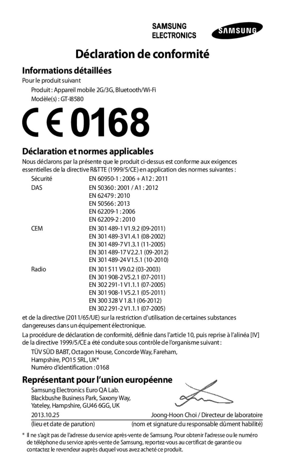 Samsung GT-I8580DBAXEF manual Déclaration de conformité 