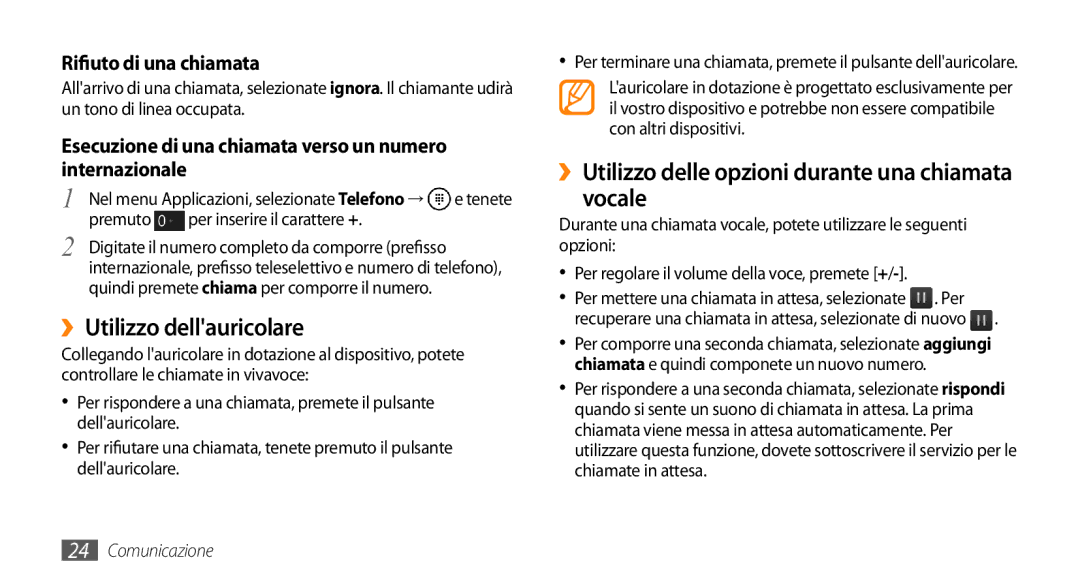 Samsung GT-I8700YKAOMN manual ››Utilizzo dellauricolare, ››Utilizzo delle opzioni durante una chiamata vocale, Per 