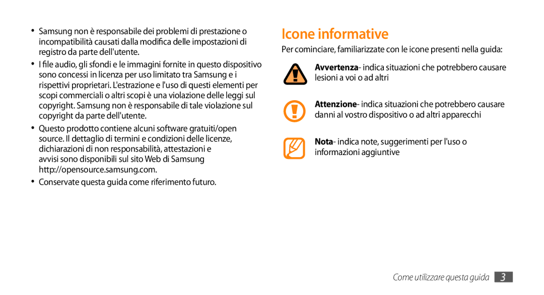 Samsung GT-I8700YKAHUI, GT-I8700YKAOMN, GT-I8700YKAITV Icone informative, Conservate questa guida come riferimento futuro 