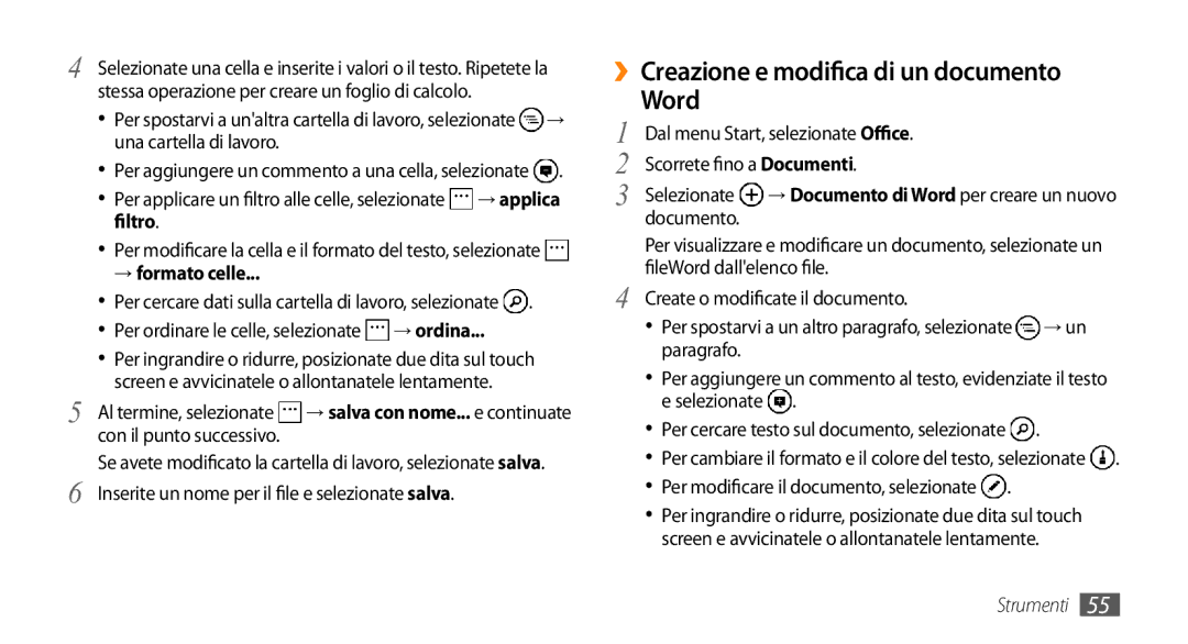 Samsung GT-I8700YKAHUI, GT-I8700YKAOMN, GT-I8700YKAITV manual ››Creazione e modifica di un documento Word, → formato celle 