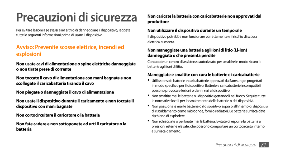 Samsung GT-I8700YKAHUI, GT-I8700YKAOMN, GT-I8700YKAITV, GT-I8700YKAPAN manual Precauzioni di sicurezza 