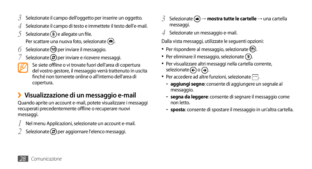 Samsung GT-I8700YKAOMN, GT-I8700YKAHUI, GT-I8700YKAITV manual ››Visualizzazione di un messaggio e-mail, Comunicazione 