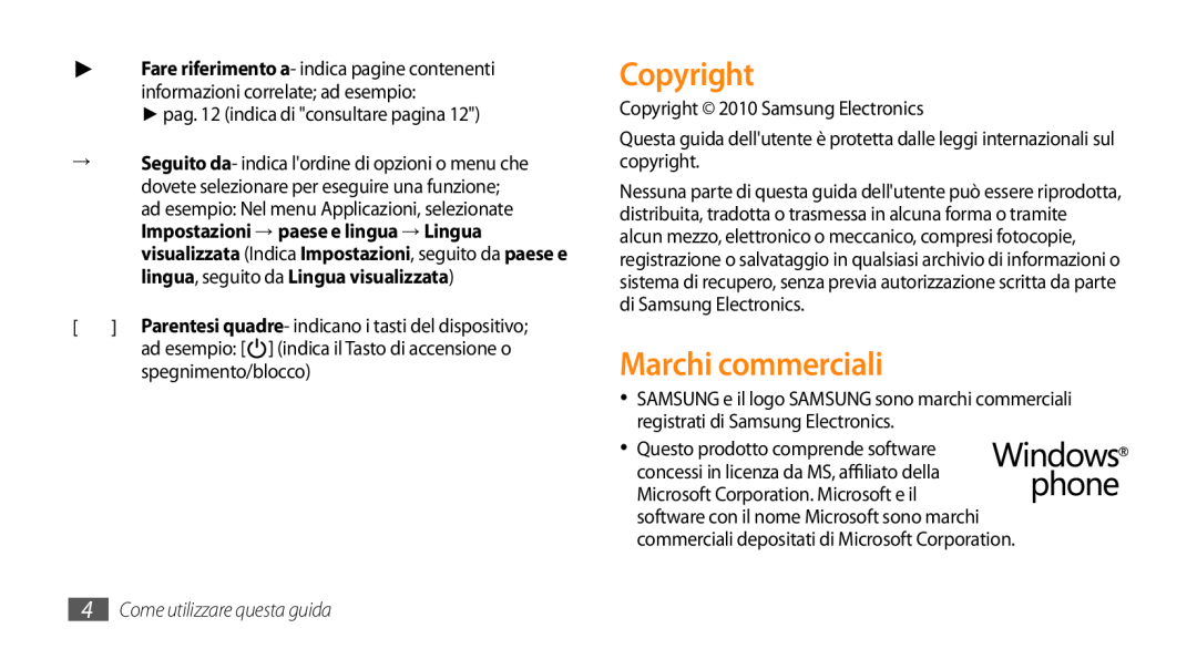 Samsung GT-I8700YKAOMN Copyright, Marchi commerciali, Come utilizzare questa guida, pag. 12 indica di consultare pagina 