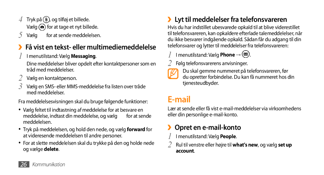 Samsung GT-I8700YKAHTS, GT-I8700YKANEE Mail, ››Lyt til meddelelser fra telefonsvareren, ››Opret en e-mail-konto, Account 