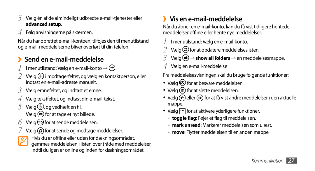 Samsung GT-I8700YKANEE, GT-I8700YKAHTS manual ››Send en e-mail-meddelelse, ››Vis en e-mail-meddelelse 