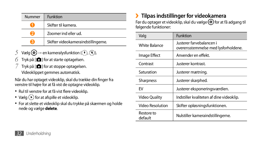 Samsung GT-I8700YKAHTS, GT-I8700YKANEE manual ››Tilpas indstillinger for videokamera 