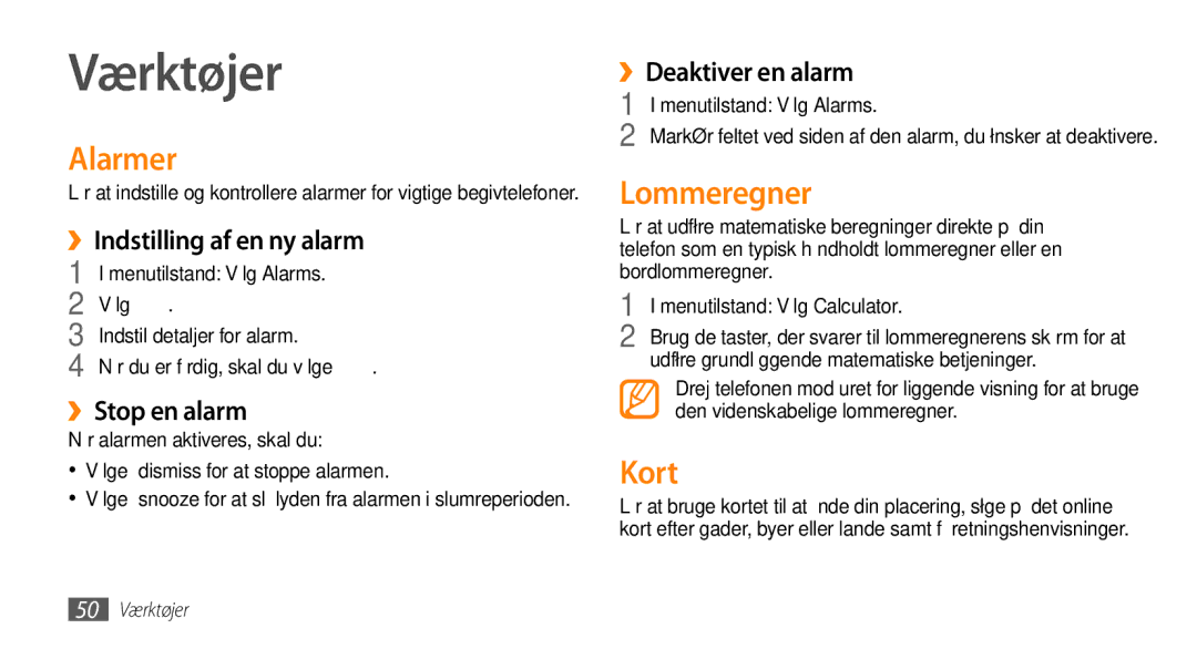 Samsung GT-I8700YKAHTS, GT-I8700YKANEE manual Værktøjer, Alarmer, Lommeregner, Kort 