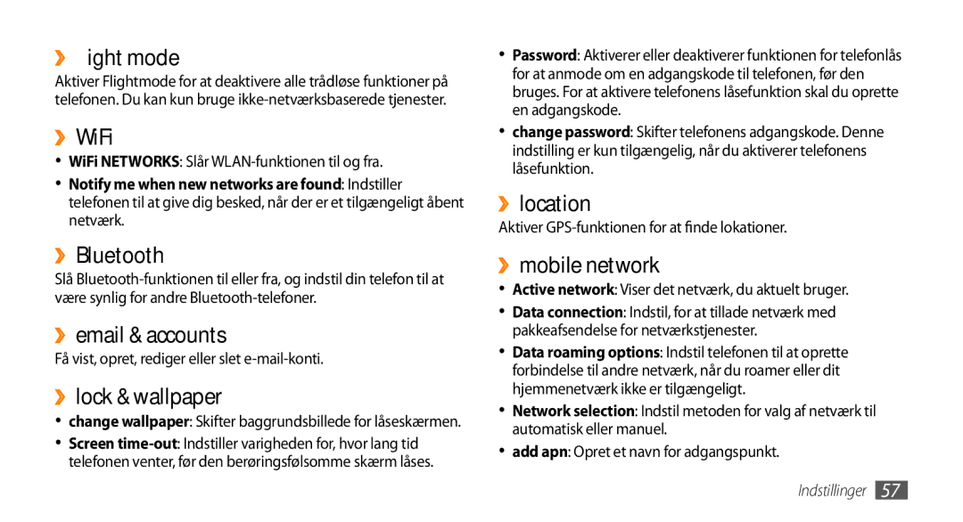 Samsung GT-I8700YKANEE manual ››flight mode, ››WiFi, ››Bluetooth, ››email & accounts, ››lock & wallpaper, ››location 