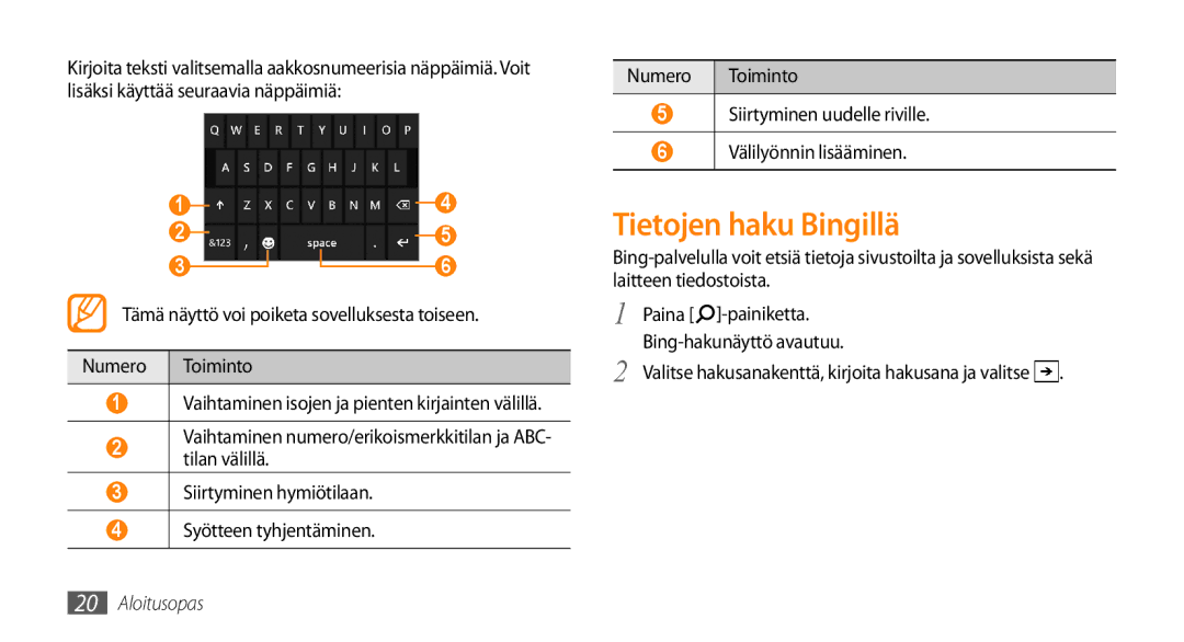 Samsung GT-I8700YKANEE, GT-I8700YKAHTS manual Tietojen haku Bingillä, Valitse hakusanakenttä, kirjoita hakusana ja valitse 