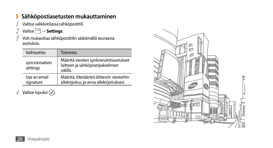 Samsung GT-I8700YKANEE ››Sähköpostiasetusten mukauttaminen, Laitteen ja sähköpostipalvelimen, Settings Välillä, Signature 