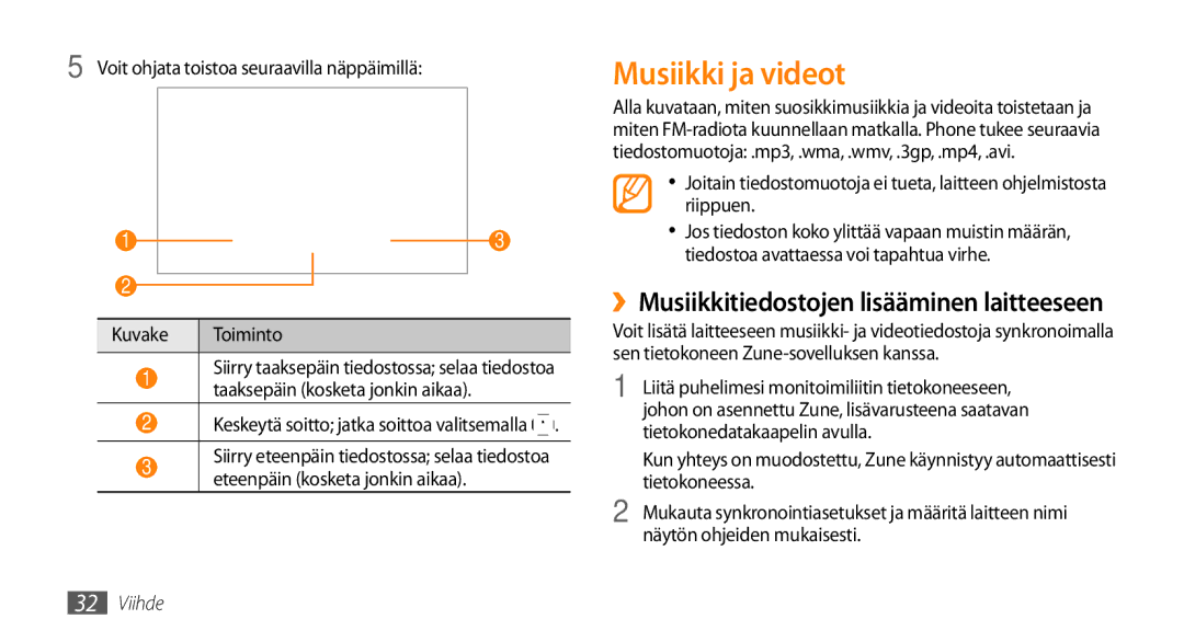 Samsung GT-I8700YKANEE, GT-I8700YKAHTS manual Musiikki ja videot, ››Musiikkitiedostojen lisääminen laitteeseen 