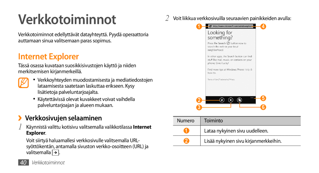 Samsung GT-I8700YKANEE, GT-I8700YKAHTS manual Verkkotoiminnot, Internet Explorer, ››Verkkosivujen selaaminen 