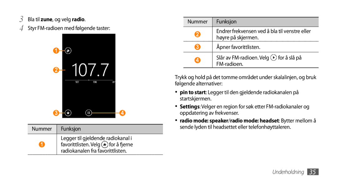 Samsung GT-I8700YKAHTS manual Høyre på skjermen Åpner favorittlisten, For å slå på, FM-radioen, Følgende alternativer 