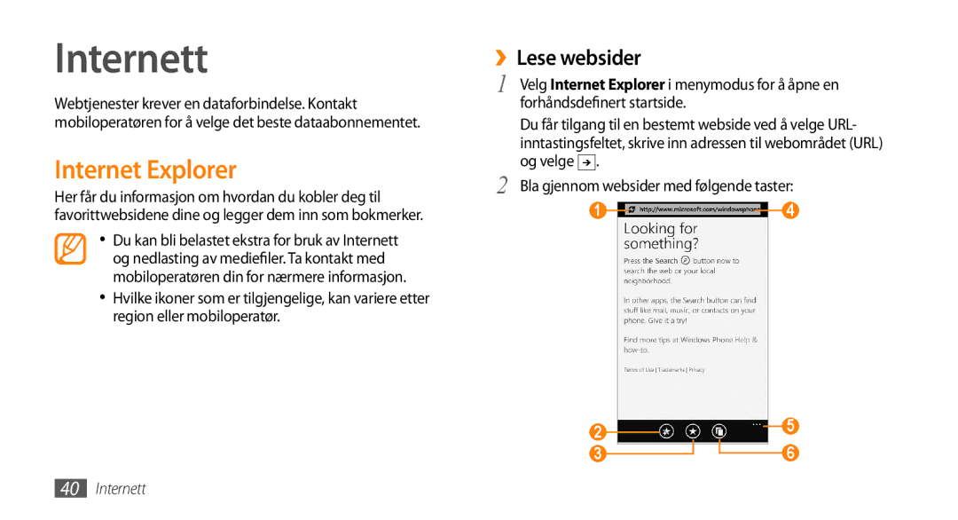 Samsung GT-I8700YKANEE, GT-I8700YKAHTS manual Internett, Internet Explorer, ››Lese websider 