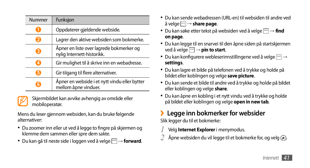 Samsung GT-I8700YKAHTS manual ››Legge inn bokmerker for websider, Nummer Funksjon Oppdaterer gjeldende webside, Settings 