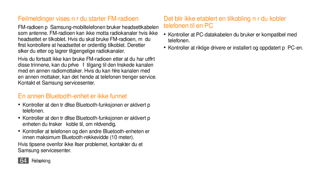 Samsung GT-I8700YKANEE manual En annen Bluetooth-enhet er ikke funnet, Feilmeldinger vises når du starter FM-radioen 