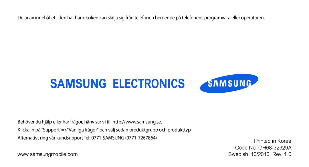 Samsung GT-I8700YKAHTS, GT-I8700YKANEE manual Code No.GH68-32329A Swedish /2010. Rev 