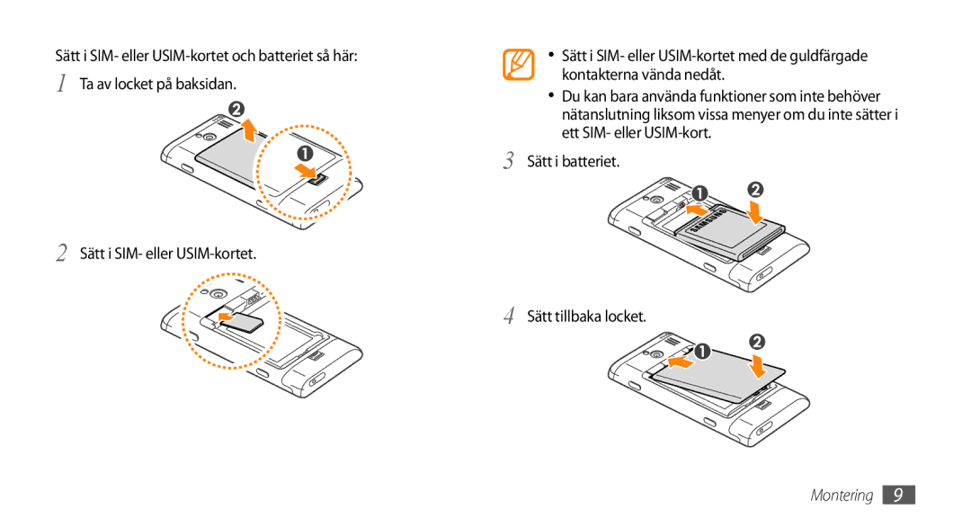 Samsung GT-I8700YKANEE, GT-I8700YKAHTS manual Montering 