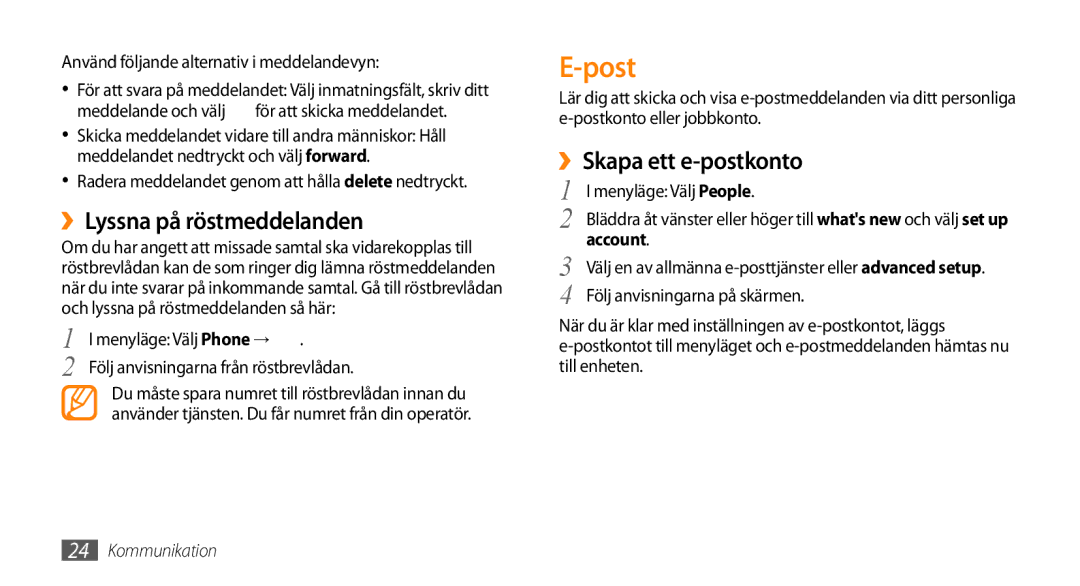 Samsung GT-I8700YKAHTS, GT-I8700YKANEE manual Post, ››Lyssna på röstmeddelanden, ››Skapa ett e-postkonto, Account 