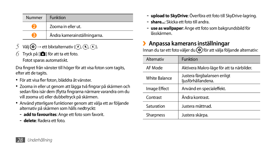 Samsung GT-I8700YKAHTS, GT-I8700YKANEE manual ››Anpassa kamerans inställningar, Alternativ Funktion AF Mode 