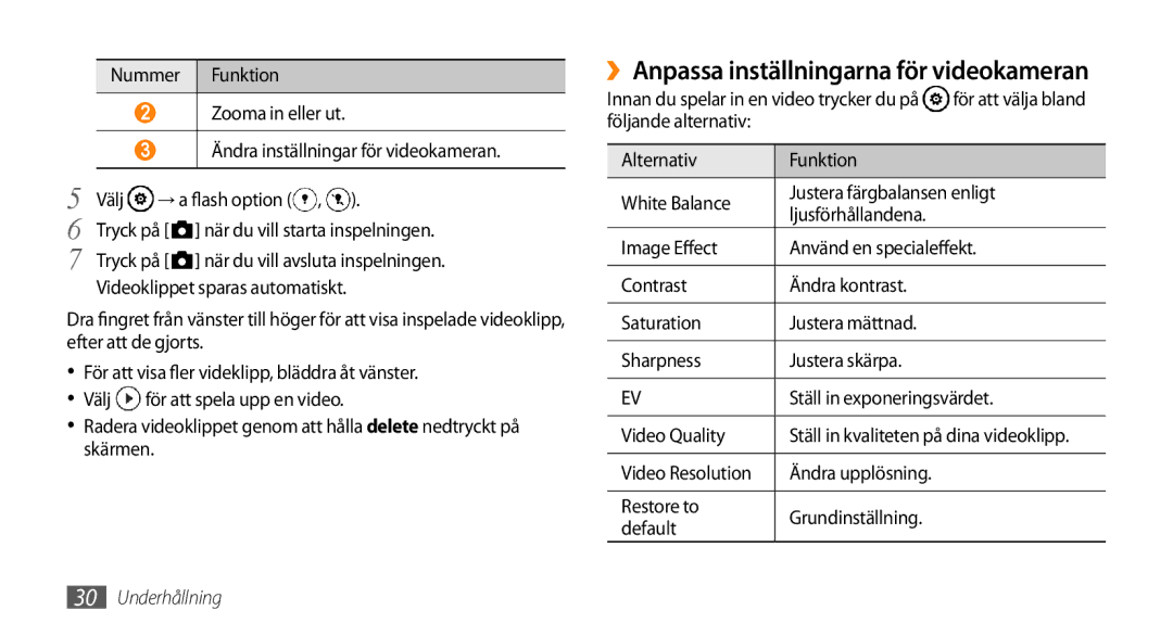 Samsung GT-I8700YKAHTS, GT-I8700YKANEE manual ››Anpassa inställningarna för videokameran 