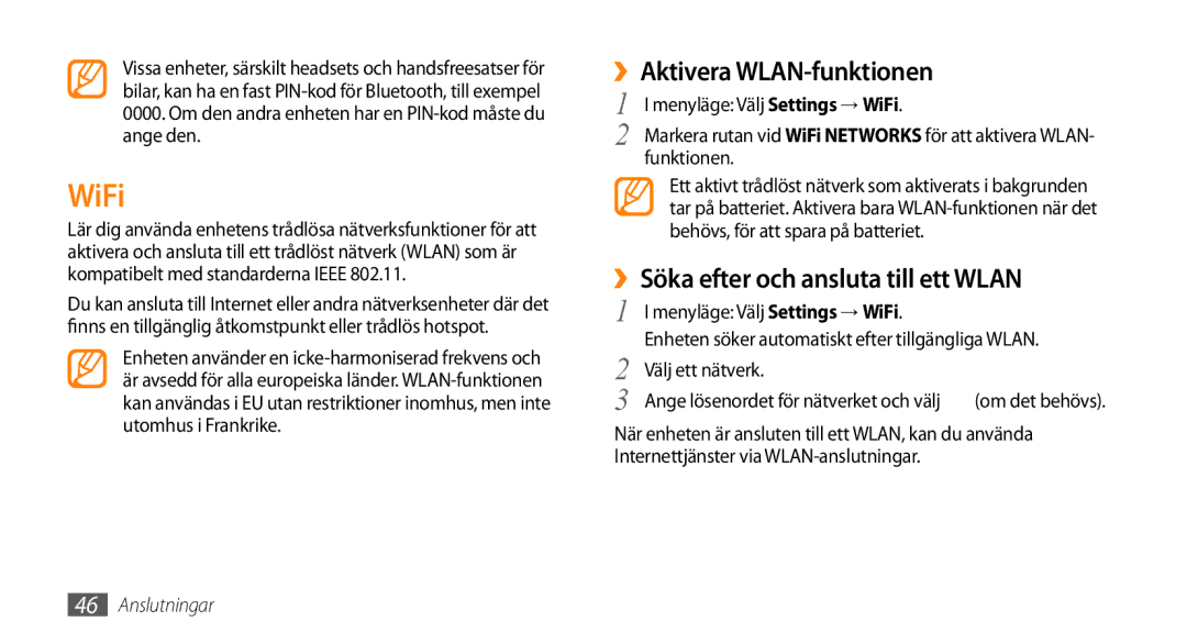 Samsung GT-I8700YKAHTS, GT-I8700YKANEE manual WiFi, ››Aktivera WLAN-funktionen, ››Söka efter och ansluta till ett Wlan 