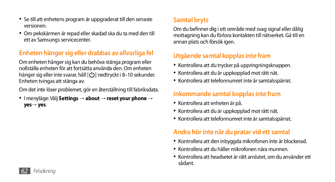 Samsung GT-I8700YKAHTS manual Samtal bryts, Utgående samtal kopplas inte fram, Inkommande samtal kopplas inte fram 