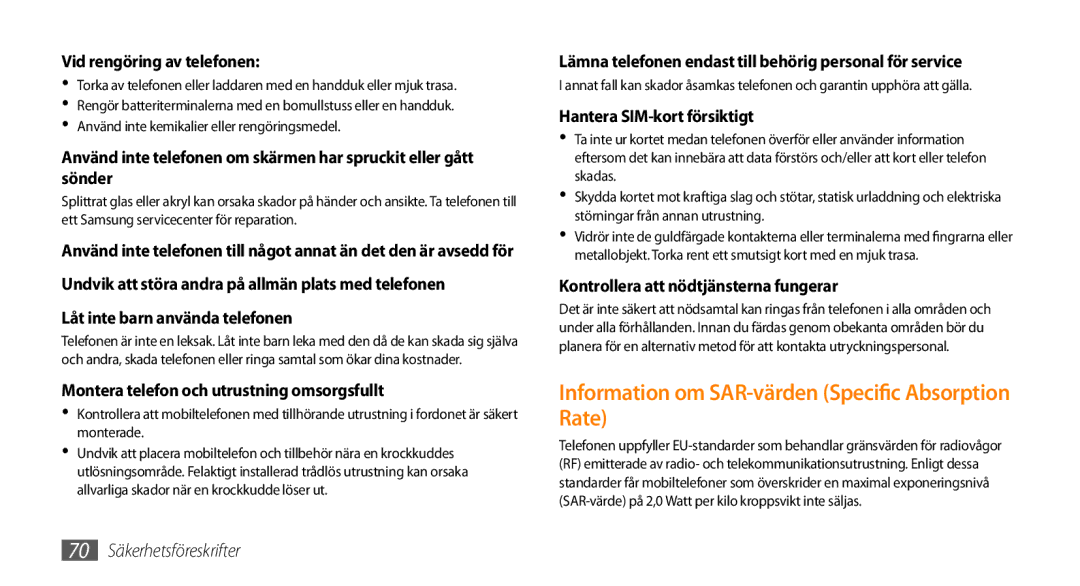 Samsung GT-I8700YKAHTS, GT-I8700YKANEE manual Information om SAR-värden Specific Absorption Rate 