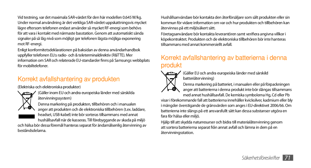 Samsung GT-I8700YKANEE Korrekt avfallshantering av produkten, Korrekt avfallshantering av batterierna i denna produkt 