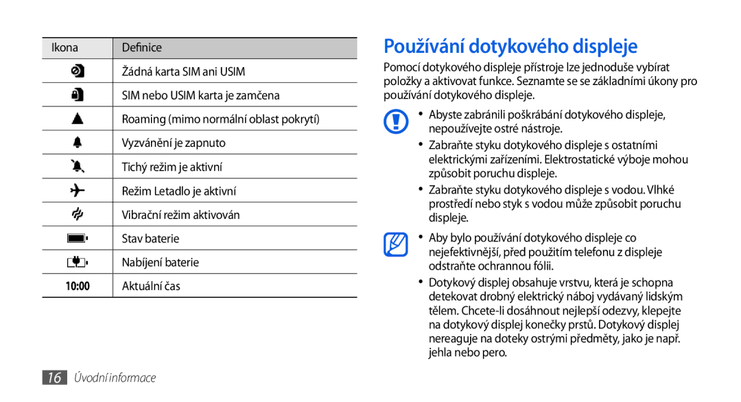 Samsung GT-I8700YKATMZ, GT-I8700YKAORS, GT-I8700YKAO2C manual Používání dotykového displeje, 1000, 16 Úvodní informace 