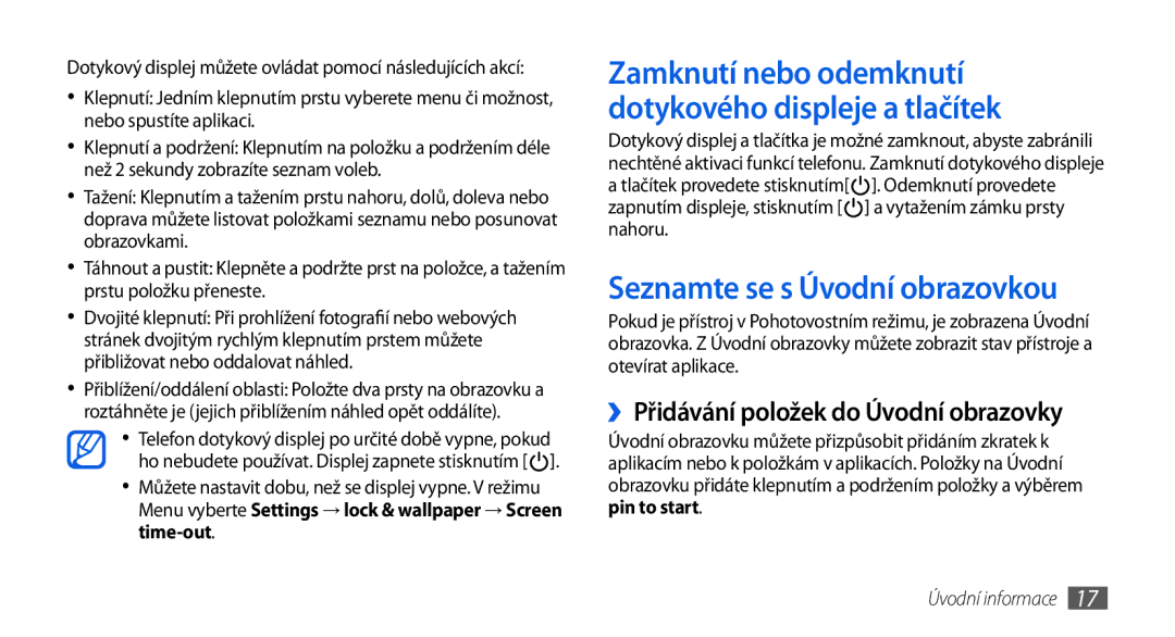 Samsung GT-I8700YKAO2C, GT-I8700YKAORS manual Seznamte se s Úvodní obrazovkou, ››Přidávání položek do Úvodní obrazovky 