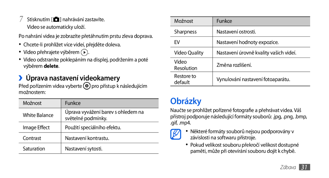 Samsung GT-I8700YKAORS, GT-I8700YKATMZ Obrázky, ››Úprava nastavení videokamery, Možnostem Funkce White Balance, Gif, .mp4 