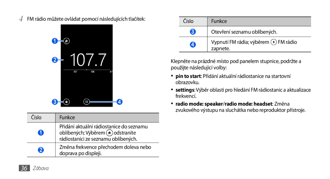 Samsung GT-I8700YKATMZ, GT-I8700YKAORS, GT-I8700YKAO2C manual Odstraníte, Rádiostanici ze seznamu oblíbených, 36 Zábava 