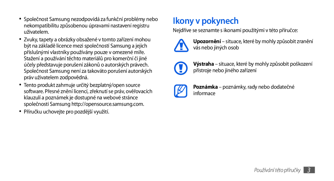 Samsung GT-I8700YKAORS, GT-I8700YKATMZ, GT-I8700YKAO2C manual Ikony v pokynech, Příručku uchovejte pro pozdější využití 