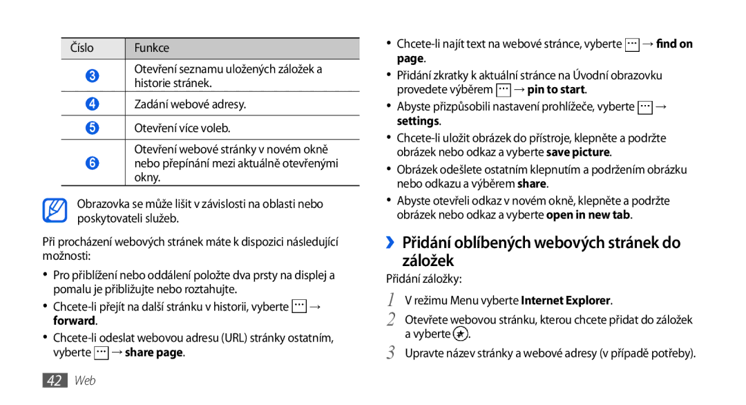 Samsung GT-I8700YKAMOB, GT-I8700YKAORS manual ››Přidání oblíbených webových stránek do záložek, Forward, Settings, 42 Web 